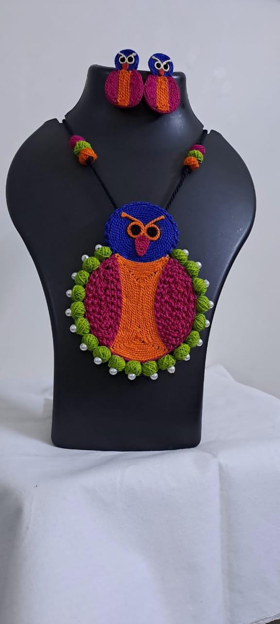 Handmade thread jewellery necklace set with owl pendant and matching earrings