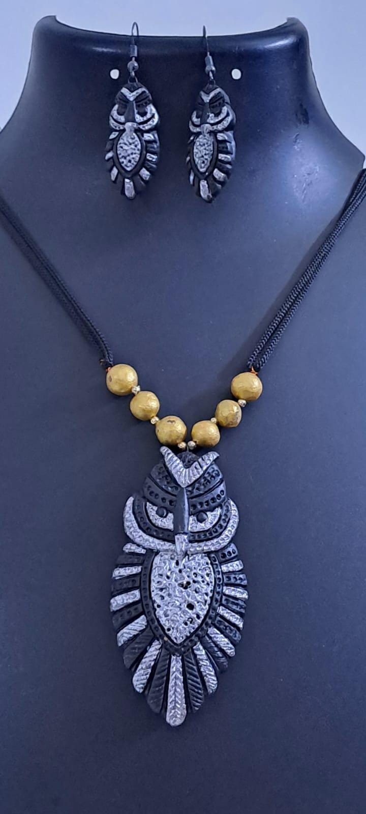 Terracotta owl pendant necklace