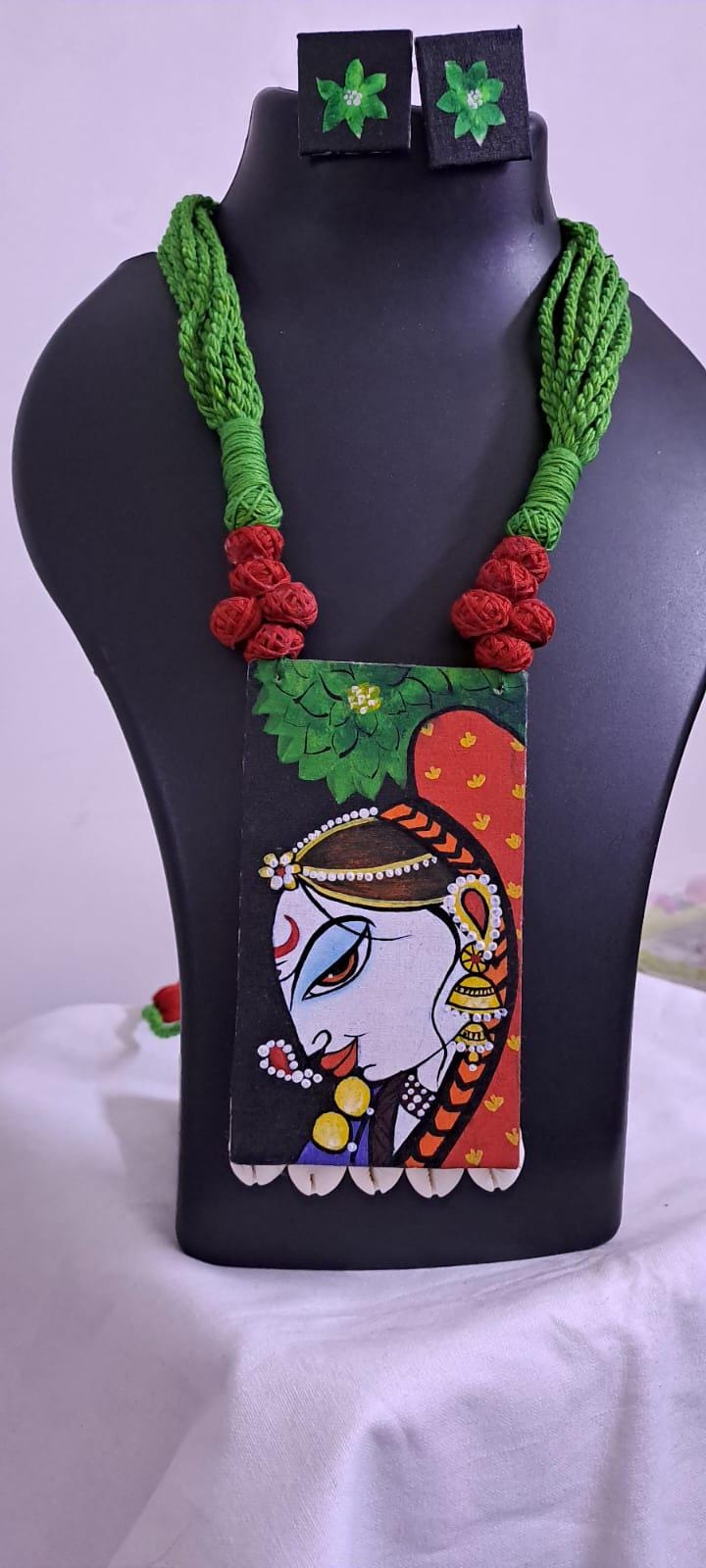 Handpainted fabric jewellery set with matching earrings