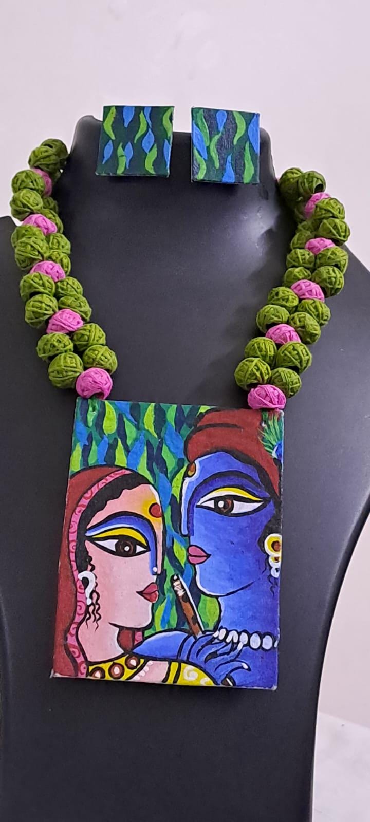 Handpainted fabric jewellery set with matching earrings