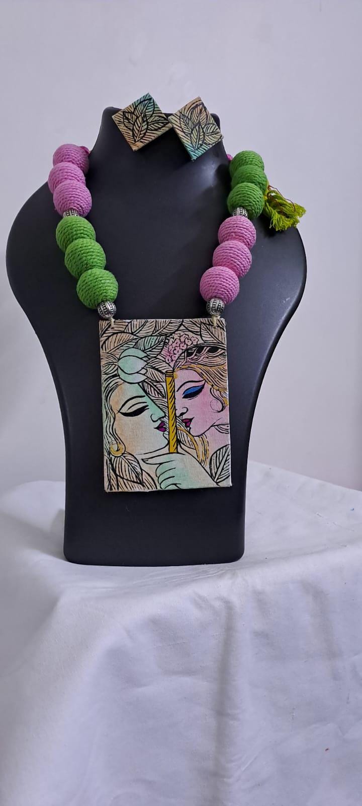 Handpainted fabric necklace set with earrings