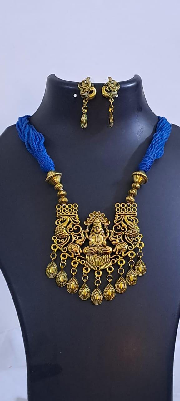 Royal blue thread necklace with Golden oxidised traditional pendant
