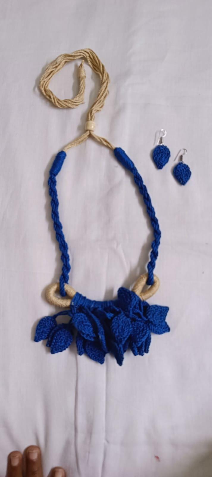 Blue Crochet thread necklace set with leaf fringes and matching earrings