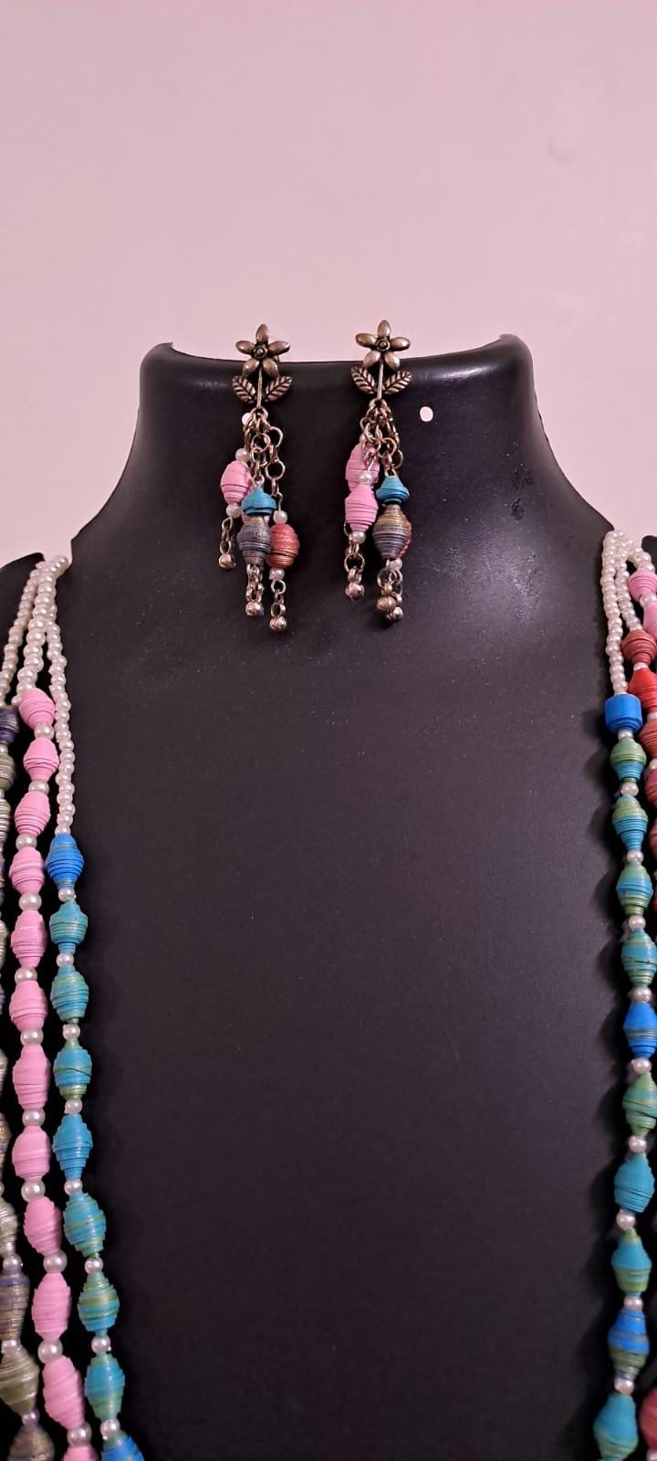 Blue, pink, grey n red paper beads necklace set