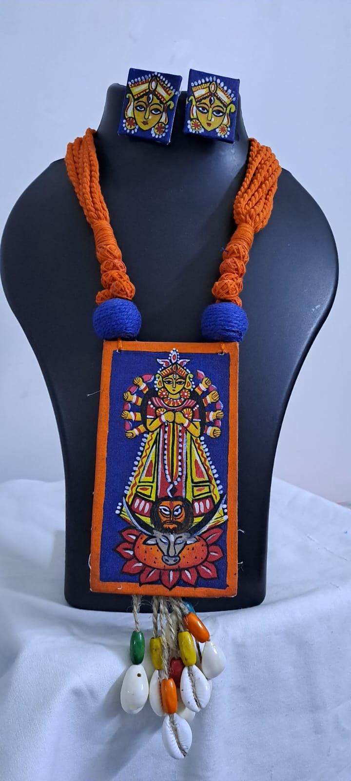 Handpainted fabric necklace set with earrings