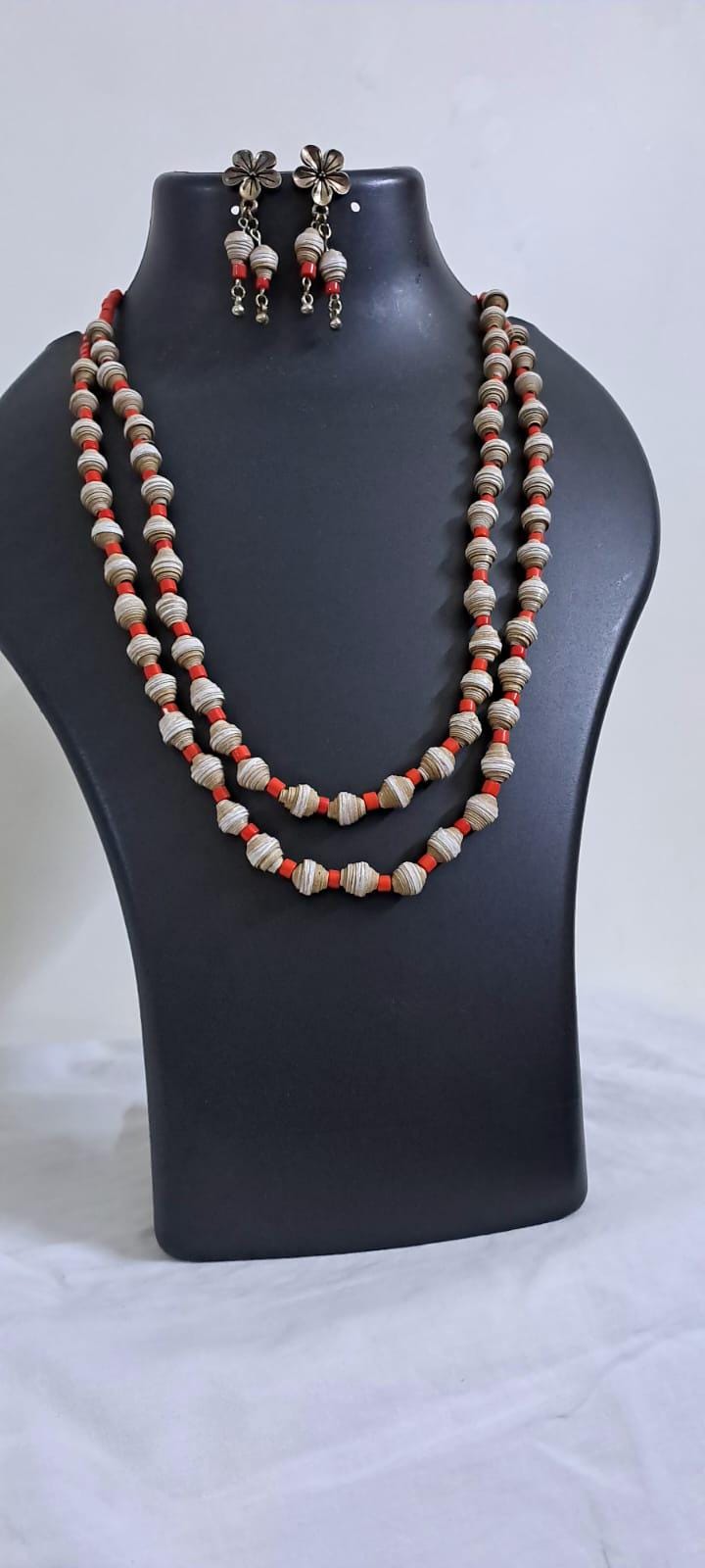 Brown paper beads n red glass beads necklace set