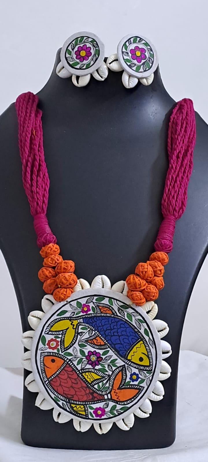 Handpainted fabric jewellery set with matching earrings