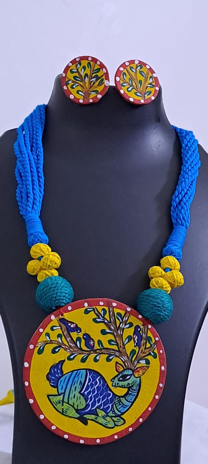 Handpainted fabric necklace set with earrings