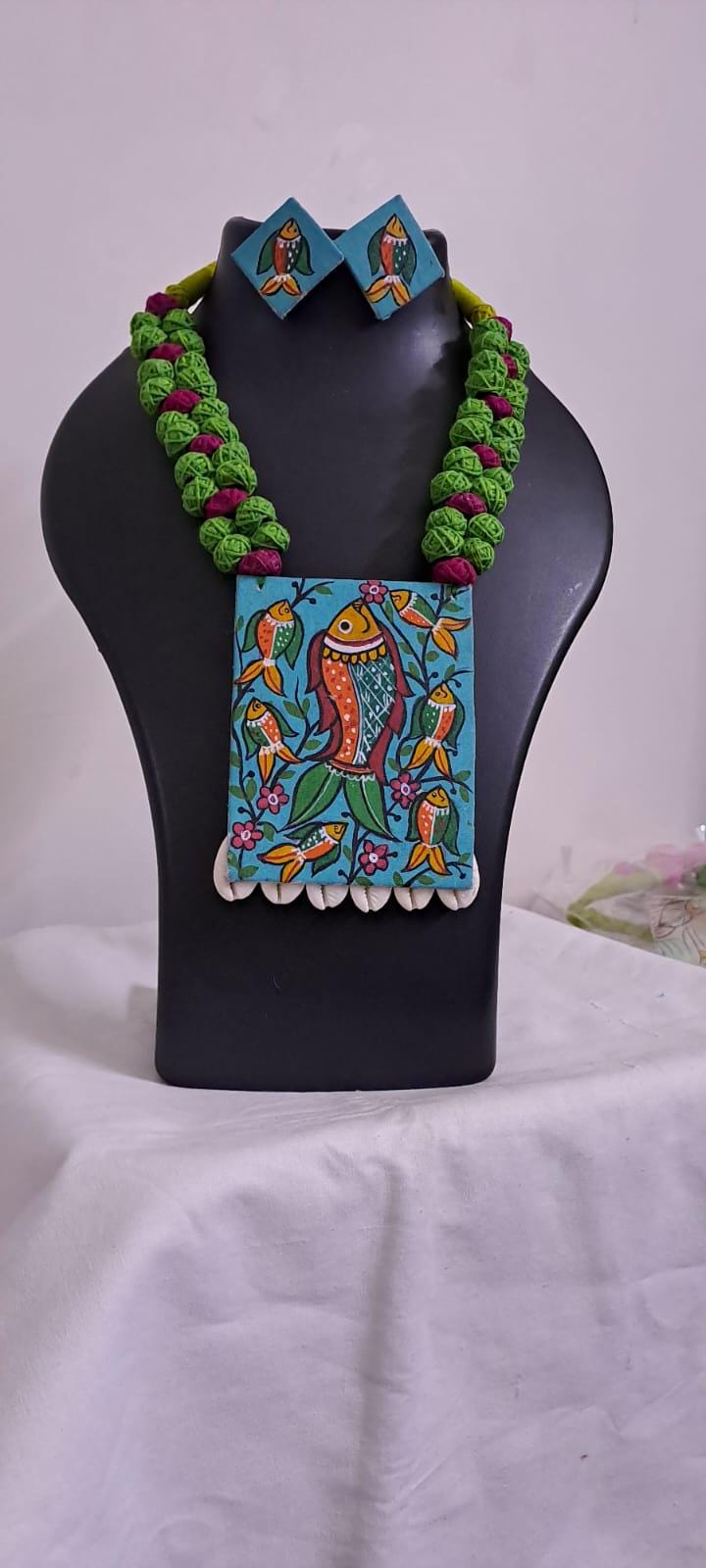 Handpainted fabric necklace set with earrings