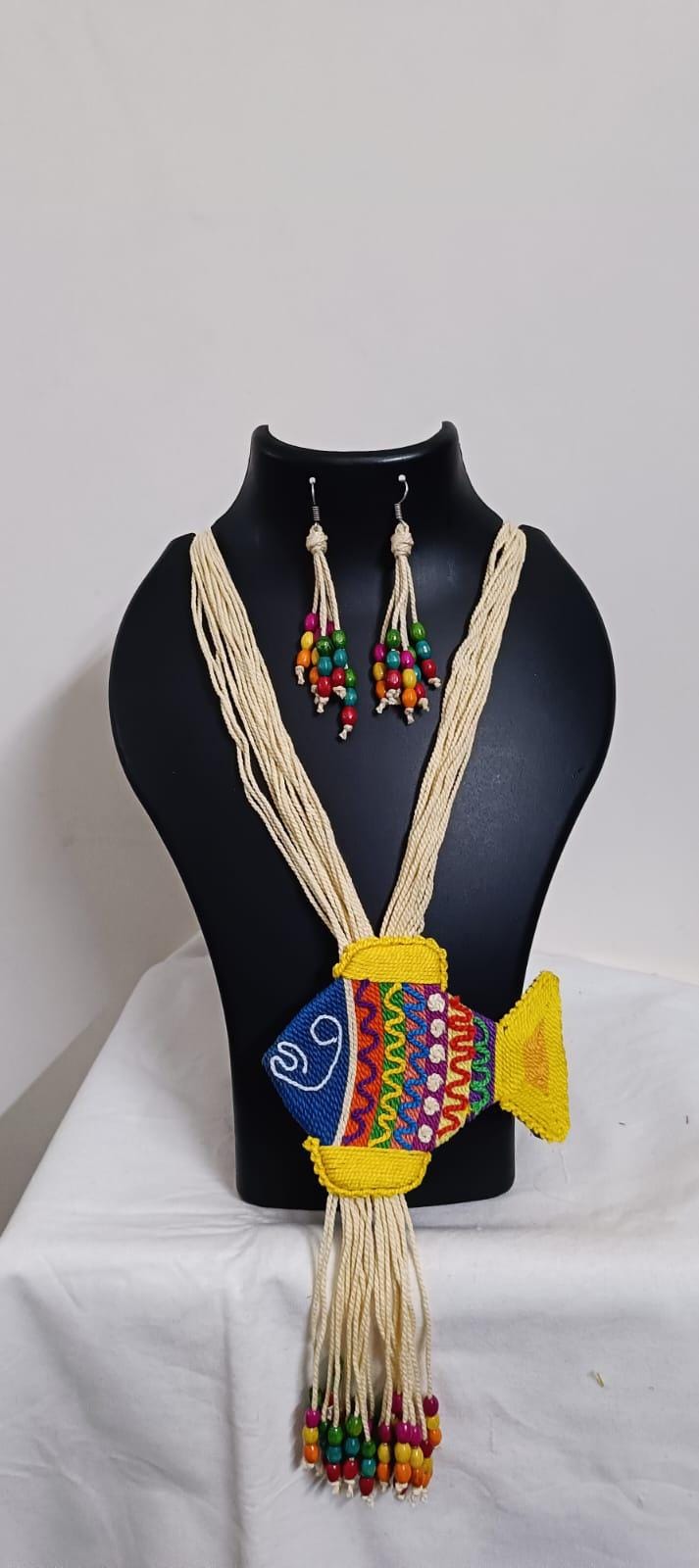 Multi colour thread fish pendant Jewellery. set with matching thread earrings