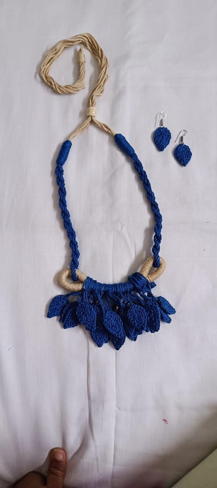 Blue Crochet thread necklace set with leaf fringes and matching earrings