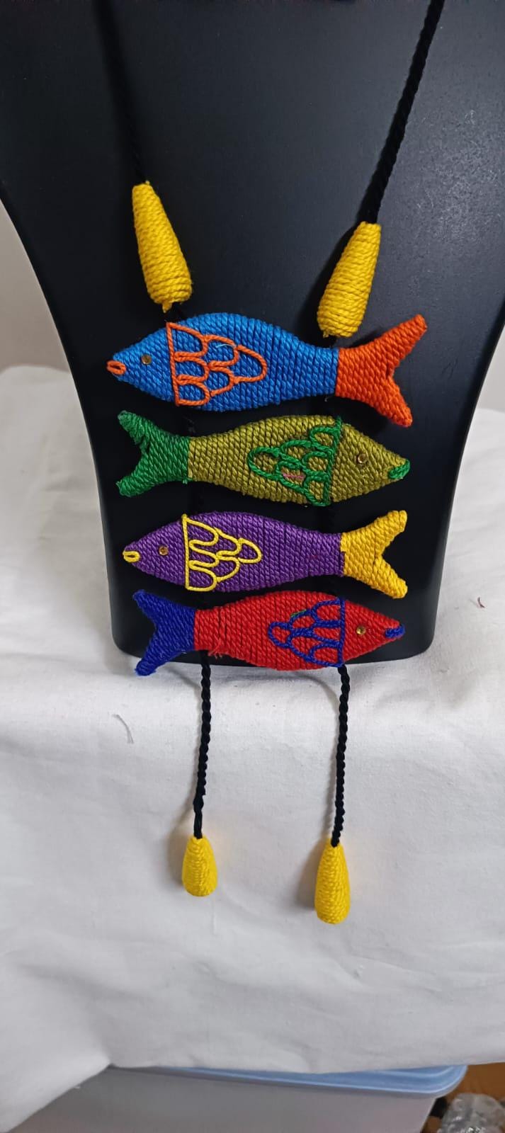 Multi colour crochet thread necklace with fish pendant and matching thread earrings