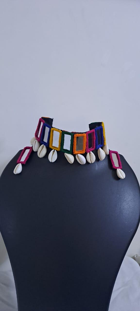 Handmade Kutch Glass work choker necklace with glass work earrings