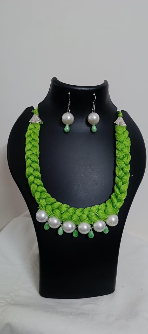 Green  braided thread necklace with pearl n pearl danglers