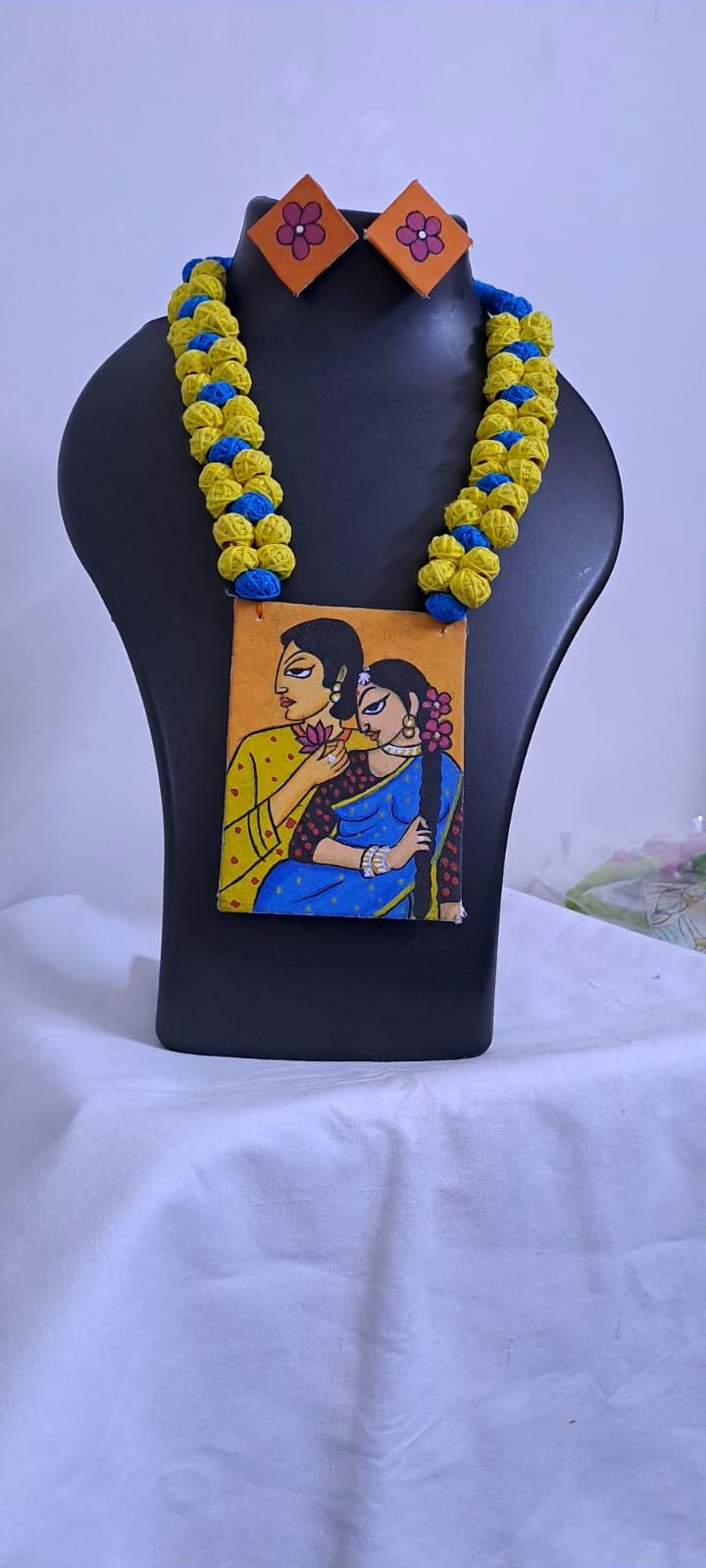 Handpainted fabric necklace set with earrings