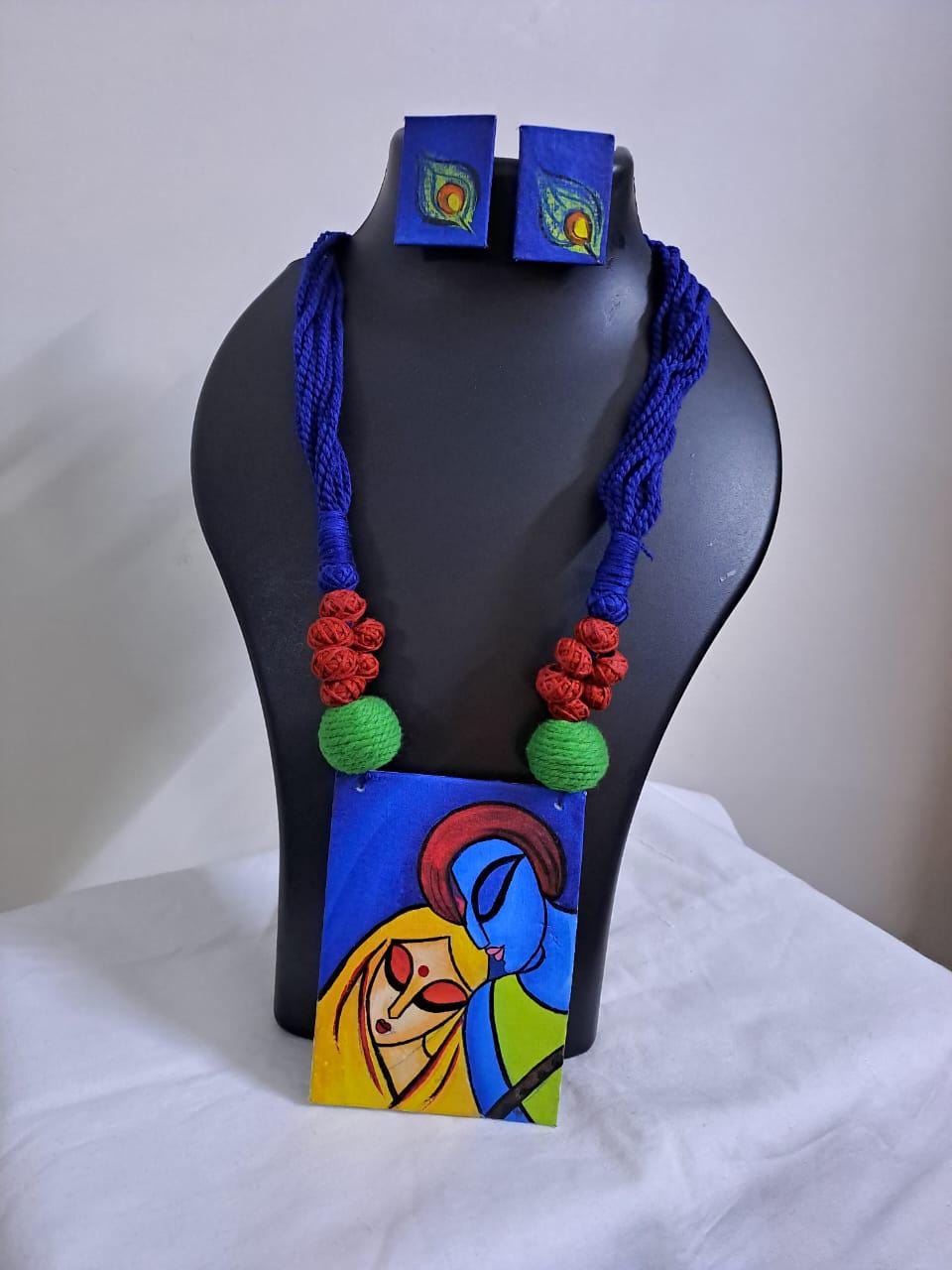 Handpainted fabric jewellery set with matching earrings