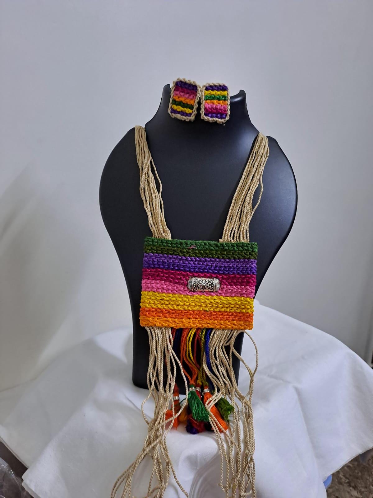 Multi colour crochet thread necklace with thread danglers and matching thread earrings