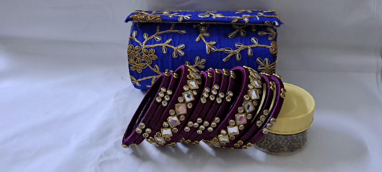Purple colour traditional thread kundan bangles with zari bangle box