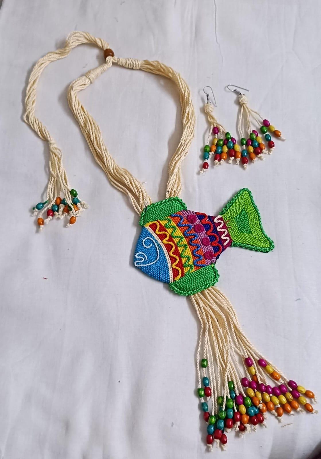 Multi colour thread fish pendant Jewellery. set with matching thread earrings