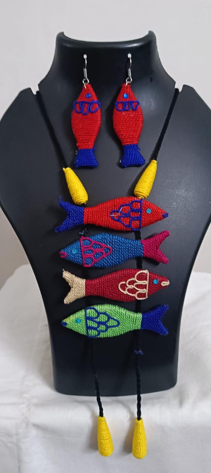 Multi colour crochet thread necklace with fish pendant and matching thread earrings