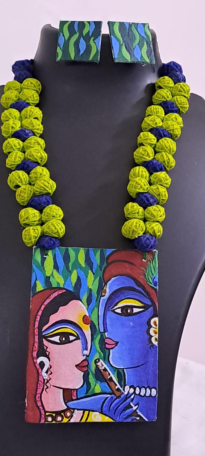 Handpainted fabric necklace set with earrings