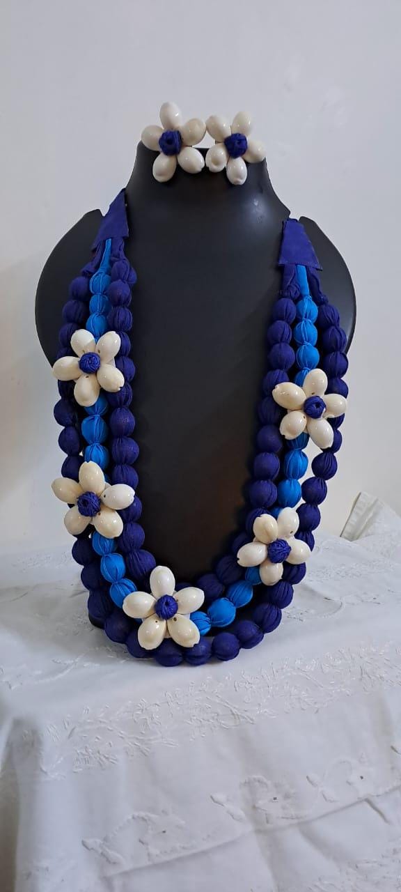 Exclusive multi-layered blue fabric necklace with shells n matching earrings