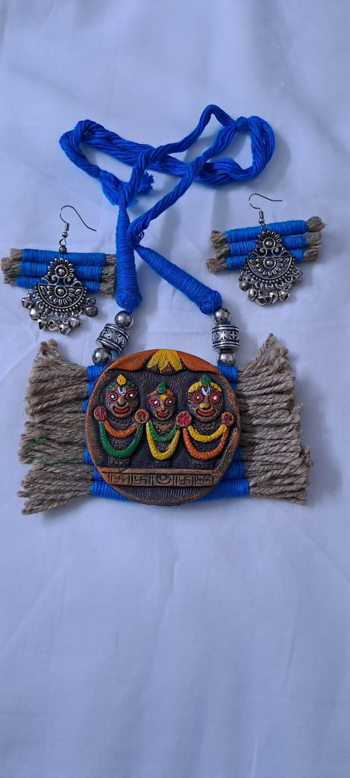 Terracotta Lord Jagannath pendant jute necklace set with matching earrings