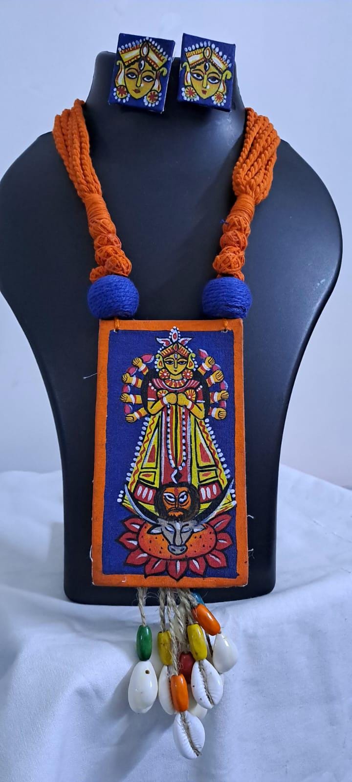 Handpainted fabric necklace set with earrings