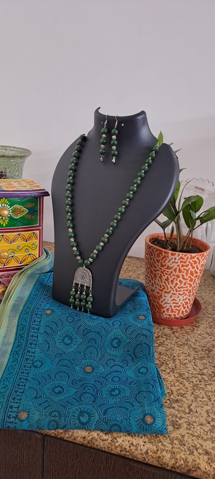 Green glass beads necklace with silver oxidised pendant