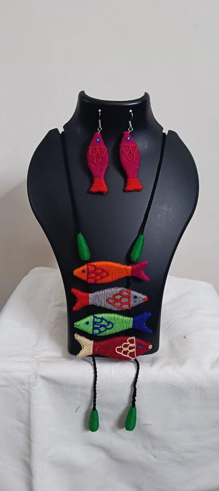 Multi colour crochet thread necklace with fish pendant and matching thread earrings