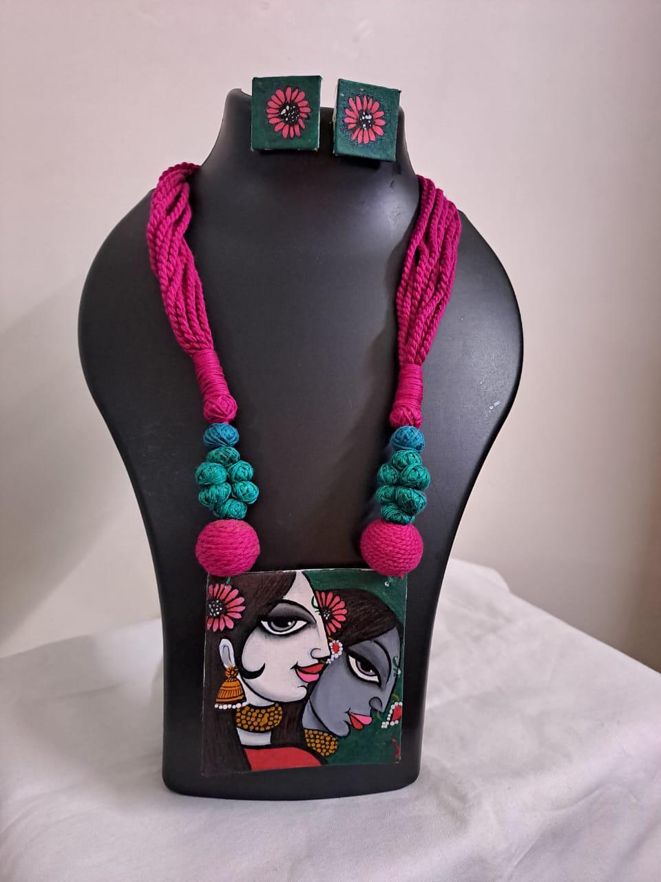 Handpainted fabric jewellery set with matching earrings