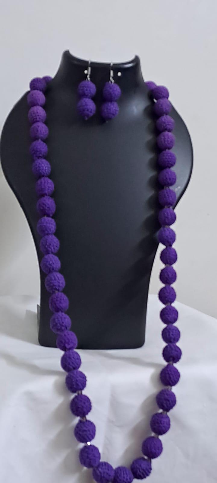 Exclusive purple colour thread beads long necklace set with matching earrings