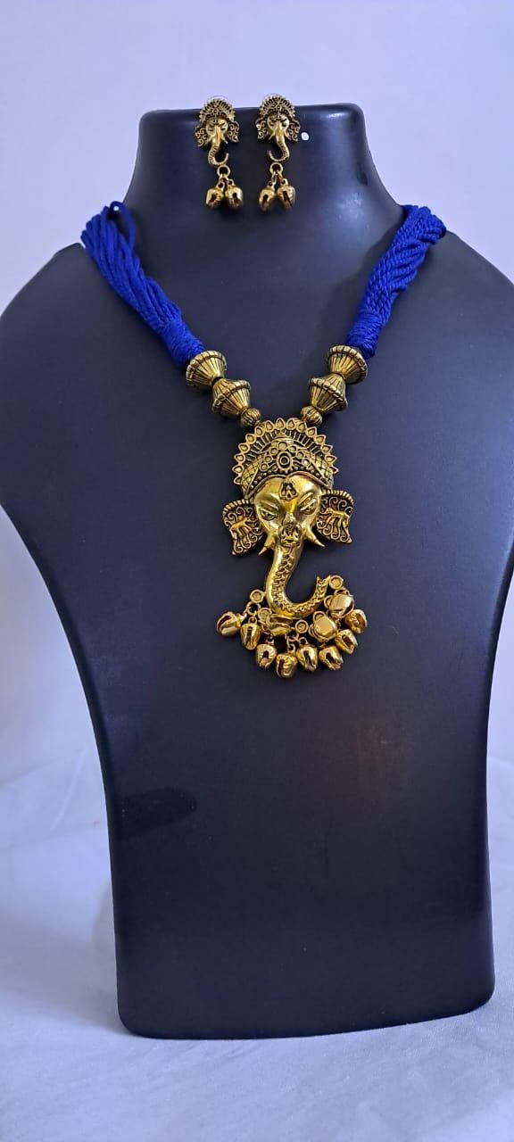 Blue thread necklace with Golden oxidised traditional pendant