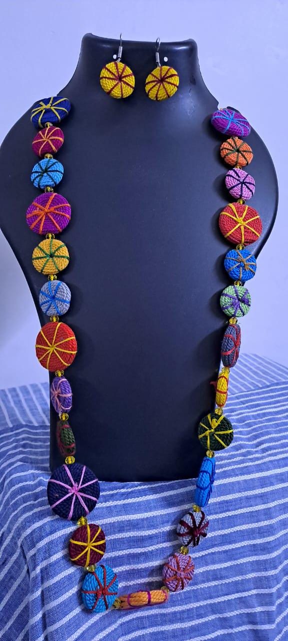 Exclusive multicoloured flat thread beads long necklace set with matching earrings (yellow)