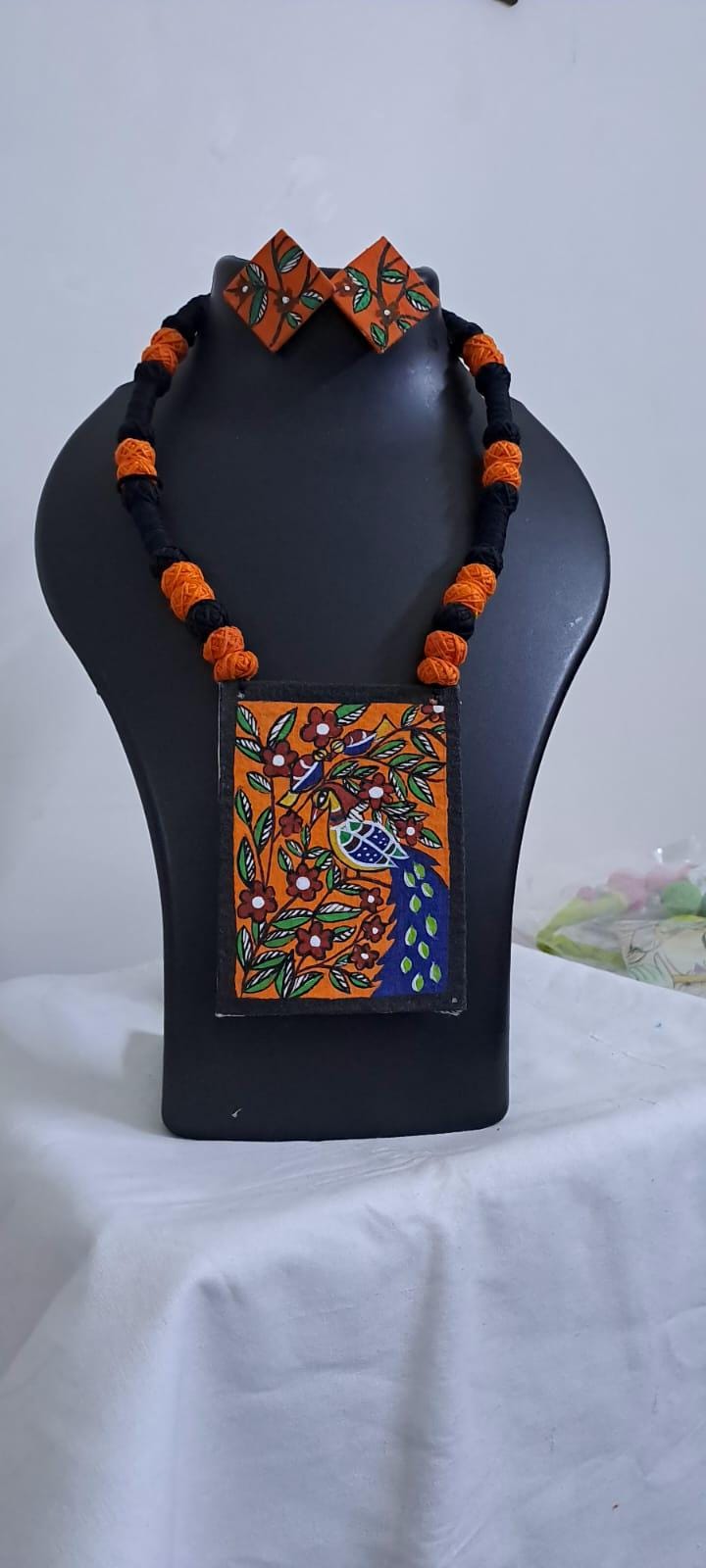 Handpainted fabric jewellery set with matching earrings