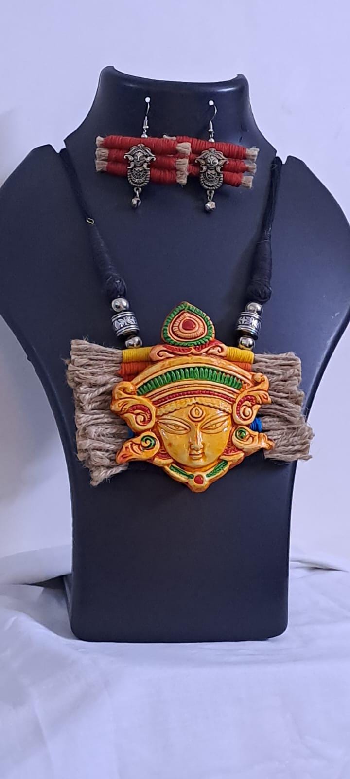 Terracotta Durga pendant jute necklace set with matching earrings