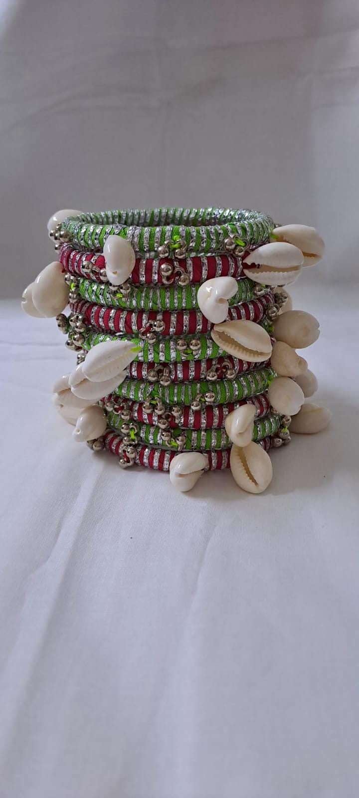 Red and green colour traditional zari thread and kori bangles (set of 10 bangles)