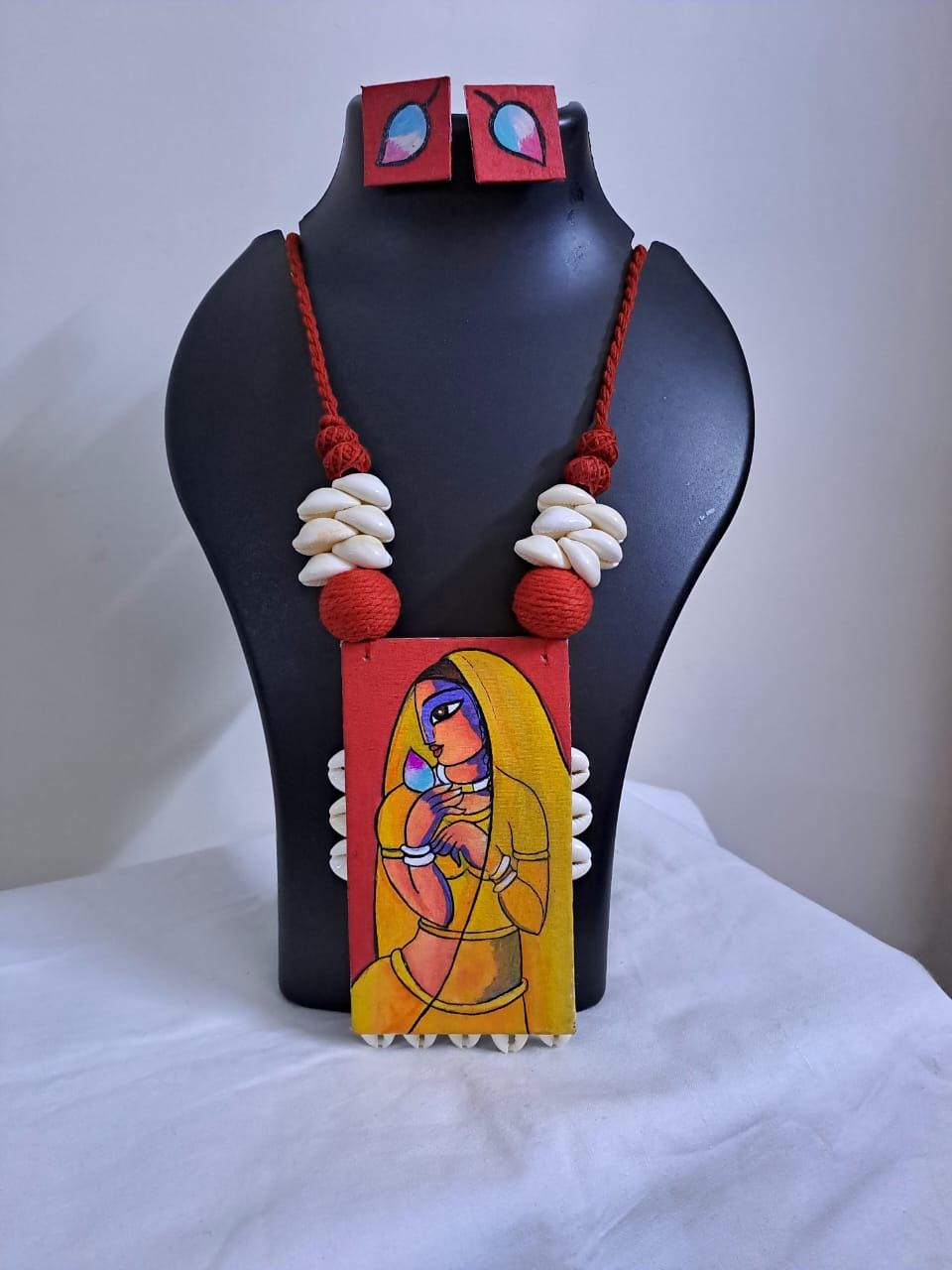 Handpainted fabric jewellery set with matching earrings