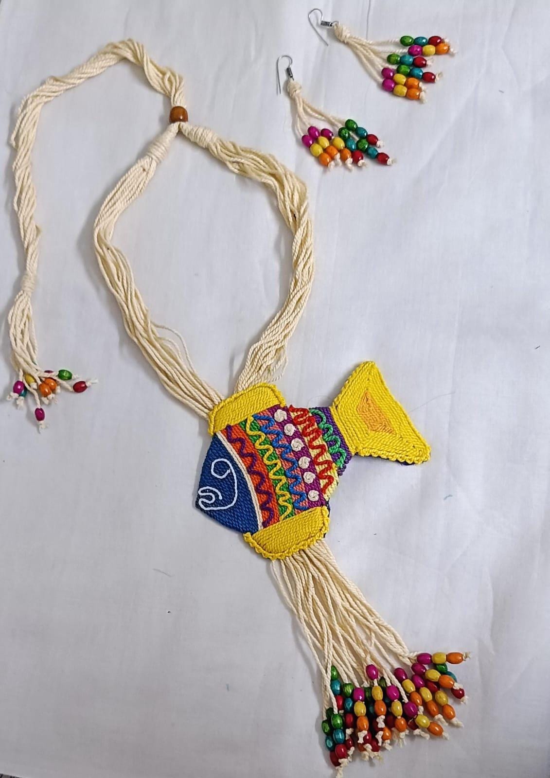 Multi colour thread fish pendant Jewellery. set with matching thread earrings