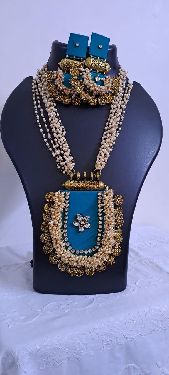 Exclusive Indian traditional blue fabric necklace with laural beads and kundan n matching earrings