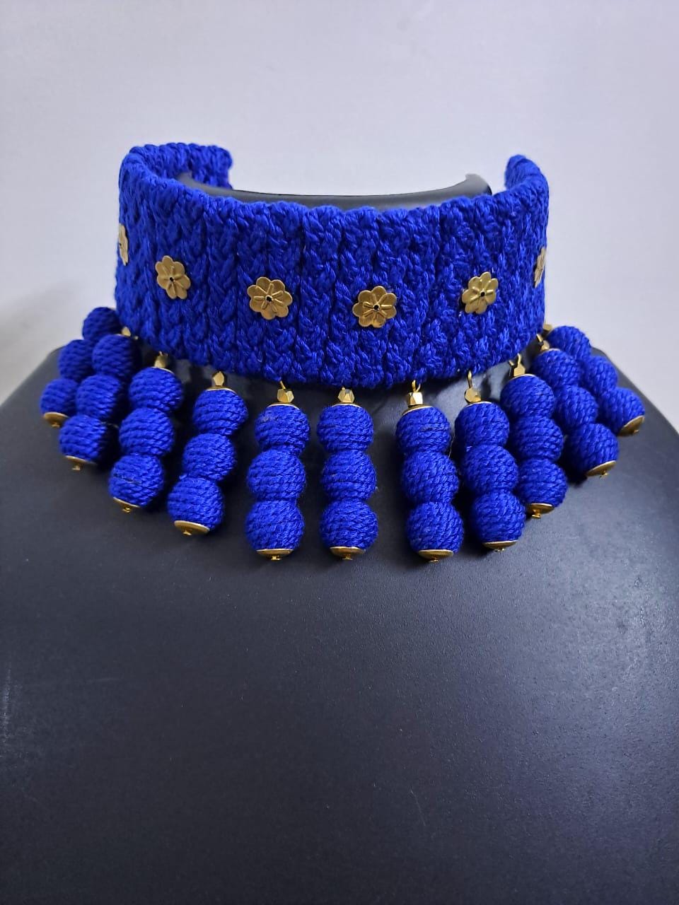 Blue braided choker necklace set with fringes and matching earrings
