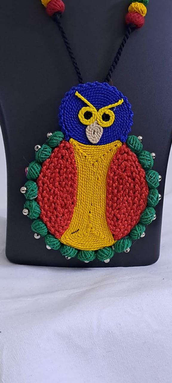 Handmade thread jewellery necklace set with owl pendant and matching earrings
