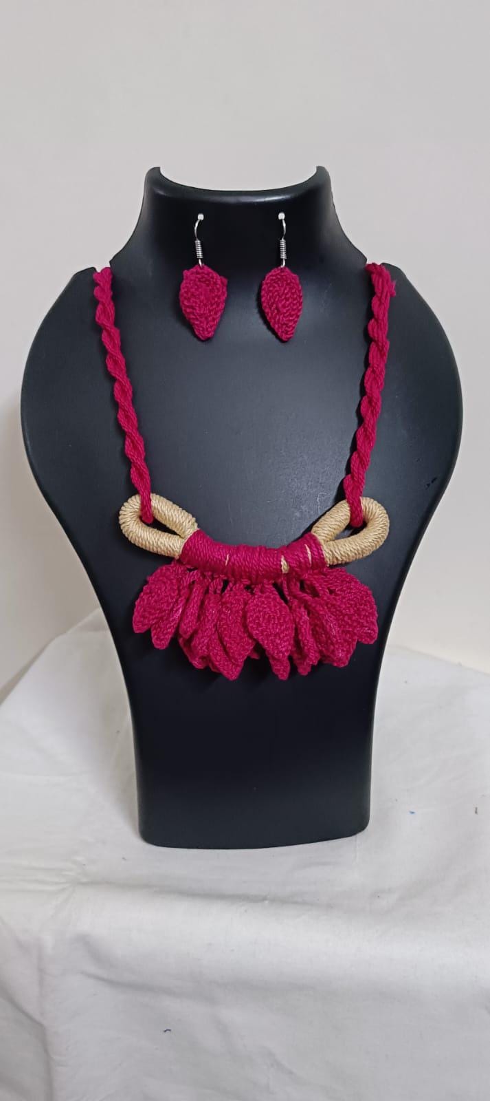 Pink Crochet thread necklace set with leaf fringes and matching earrings