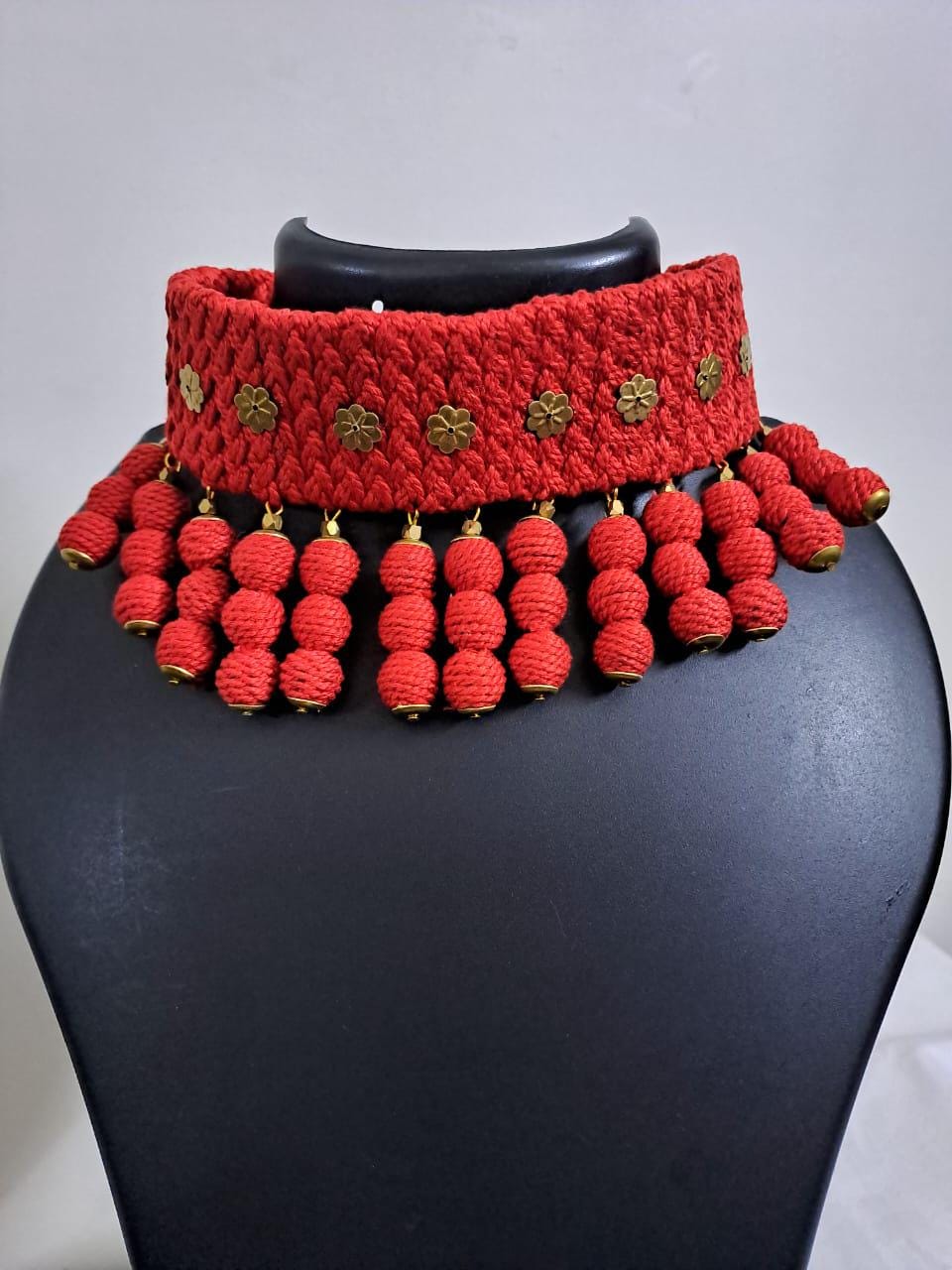 Braided red choker necklace set with fringes n matching earrings