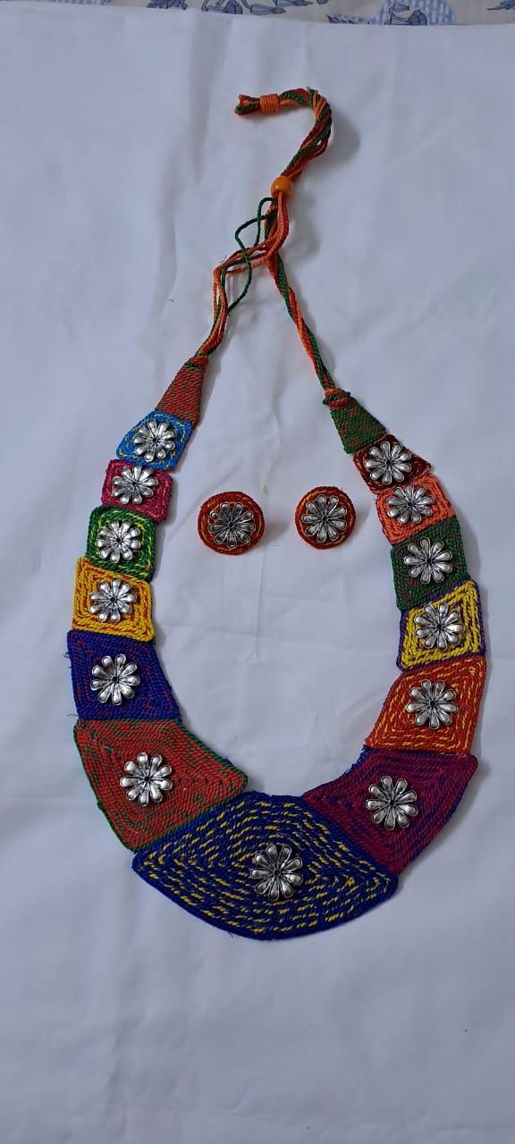 Exclusive  necklace set with multiple thread n  silver oxidised pendants n matching earrings