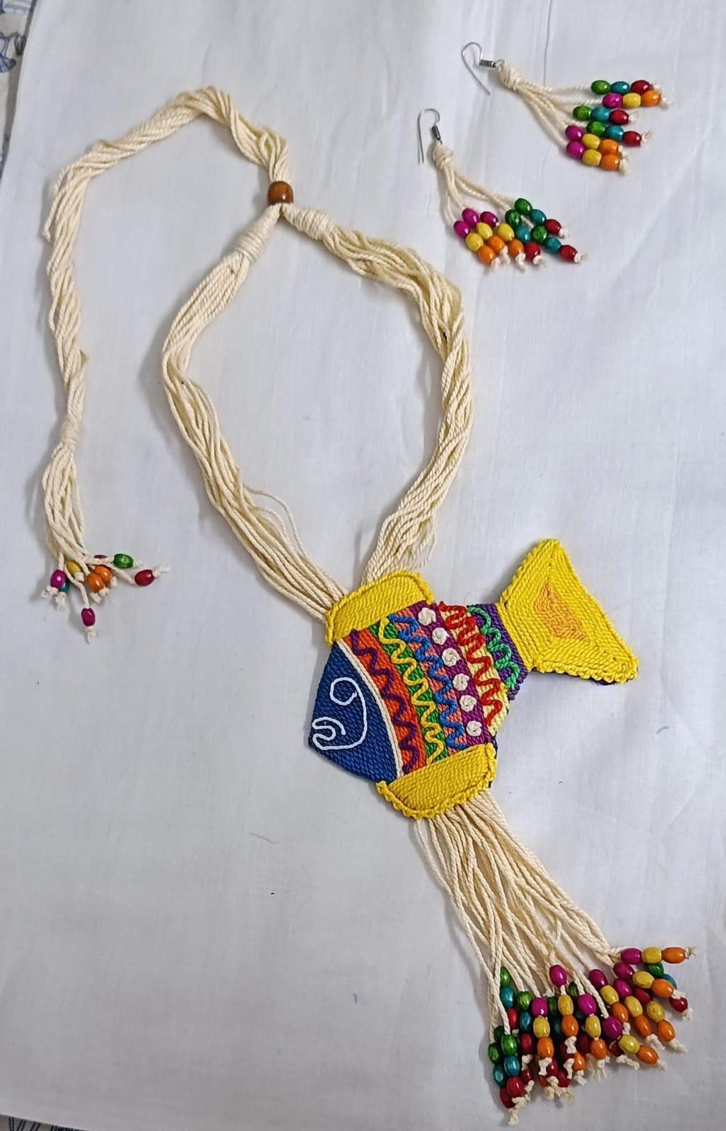 Multi colour thread fish pendant Jewellery. set with matching thread earrings