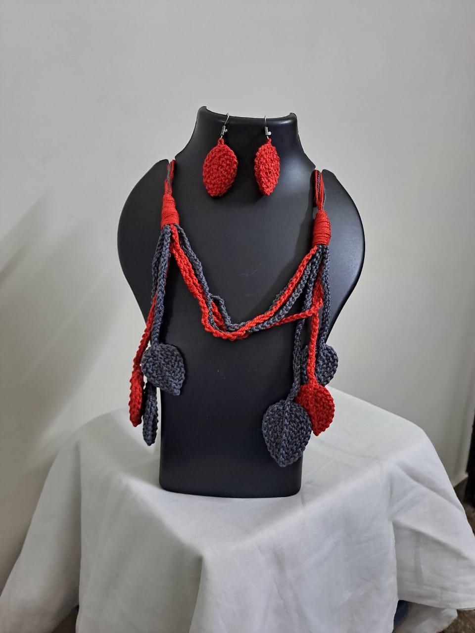 Crochet leaf necklace set with matching earrings