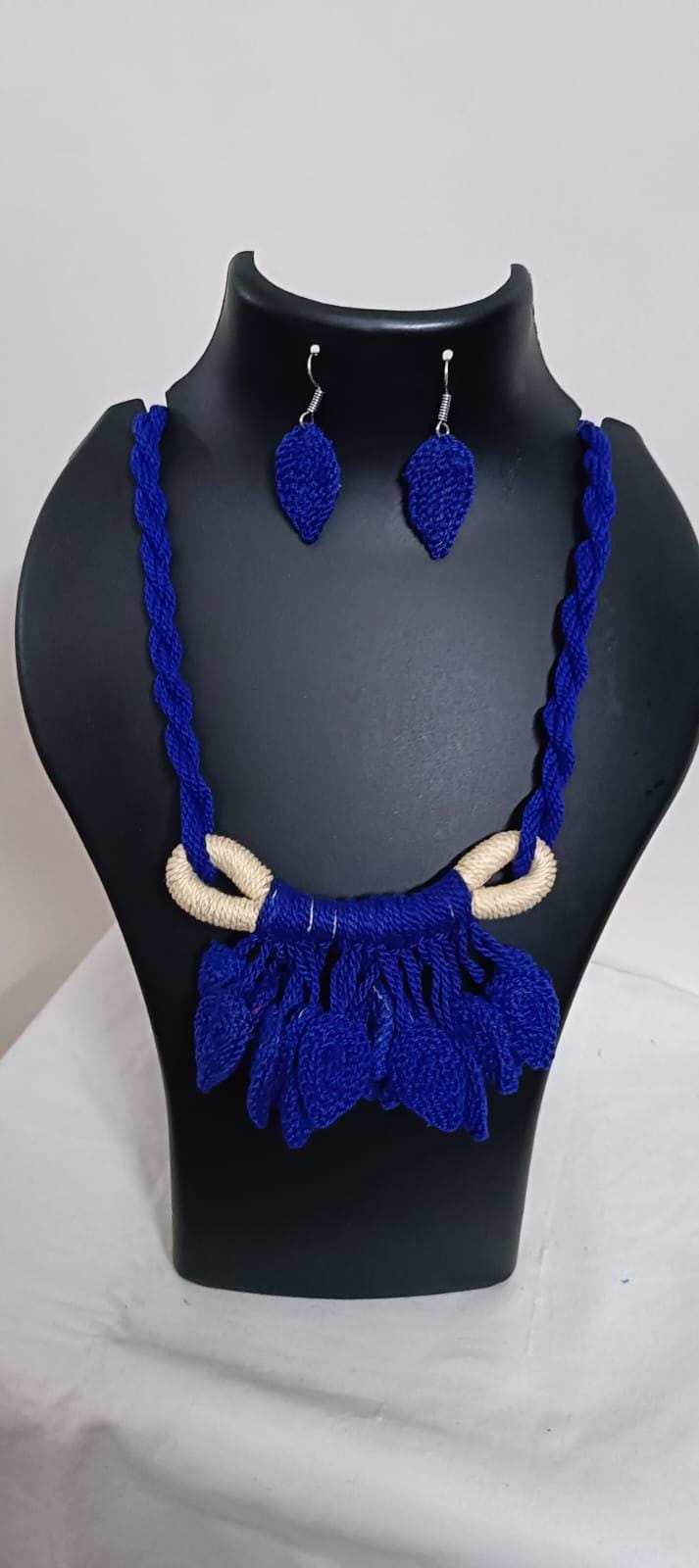 Dark Blue Crochet thread necklace set with leaf fringes and matching earrings