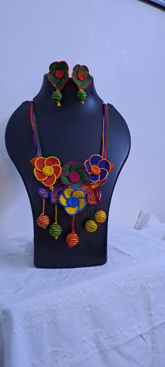 Multi colour flower thread necklace with thread bead fringes and matching earrings