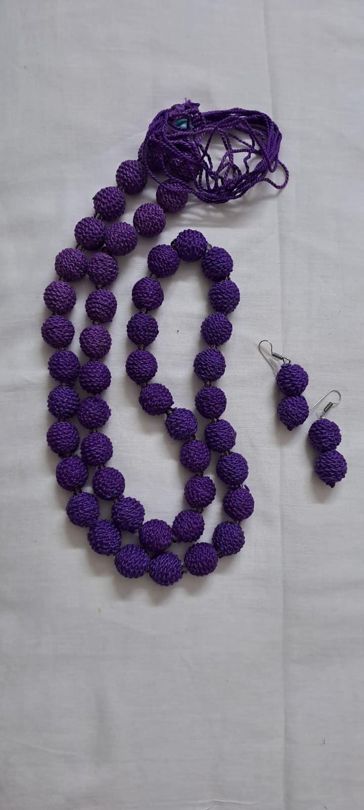 Exclusive purple colour thread beads long necklace set with matching earrings